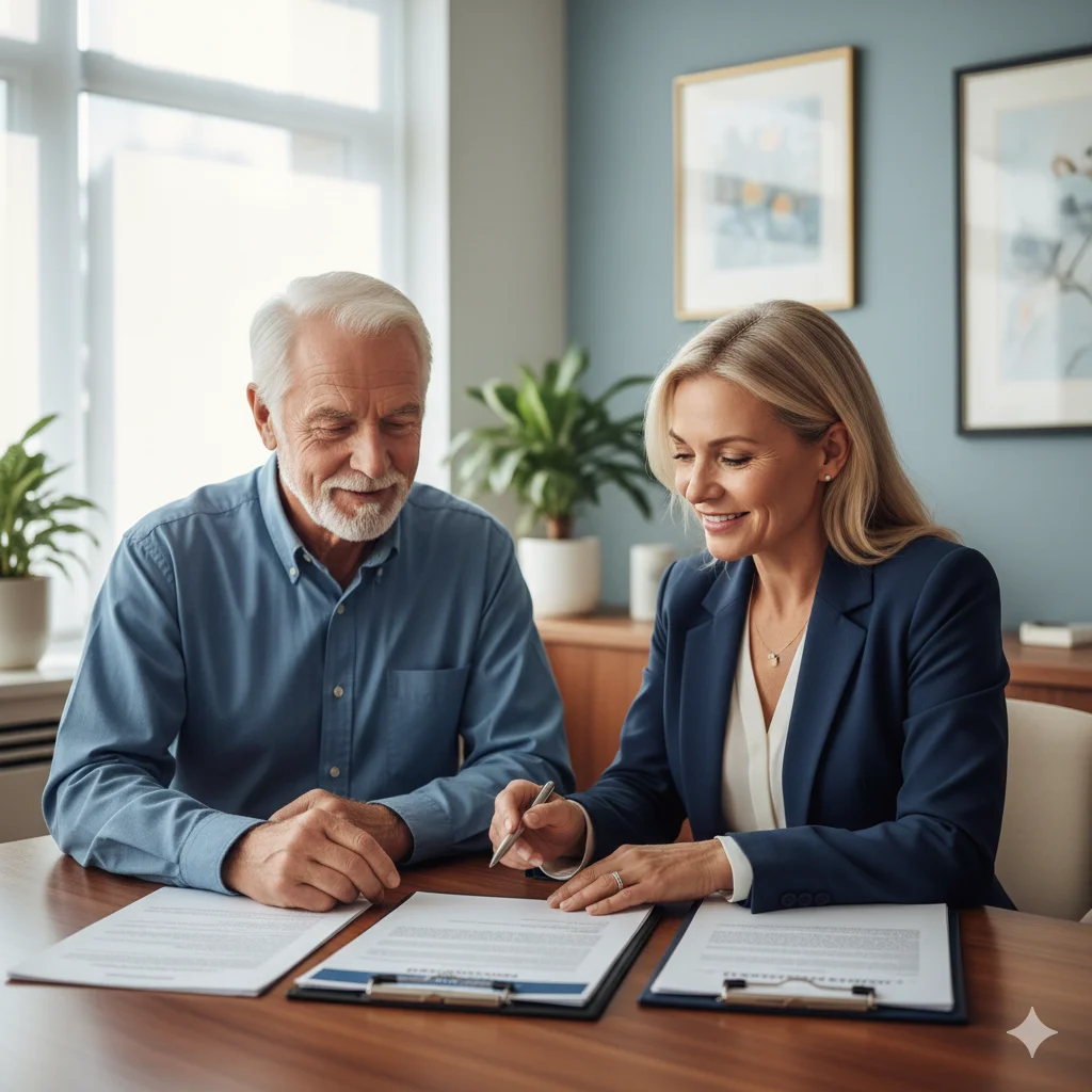 Elderly man (68) meeting with a financial advisor in a bright, professional office. Protect Your Assets