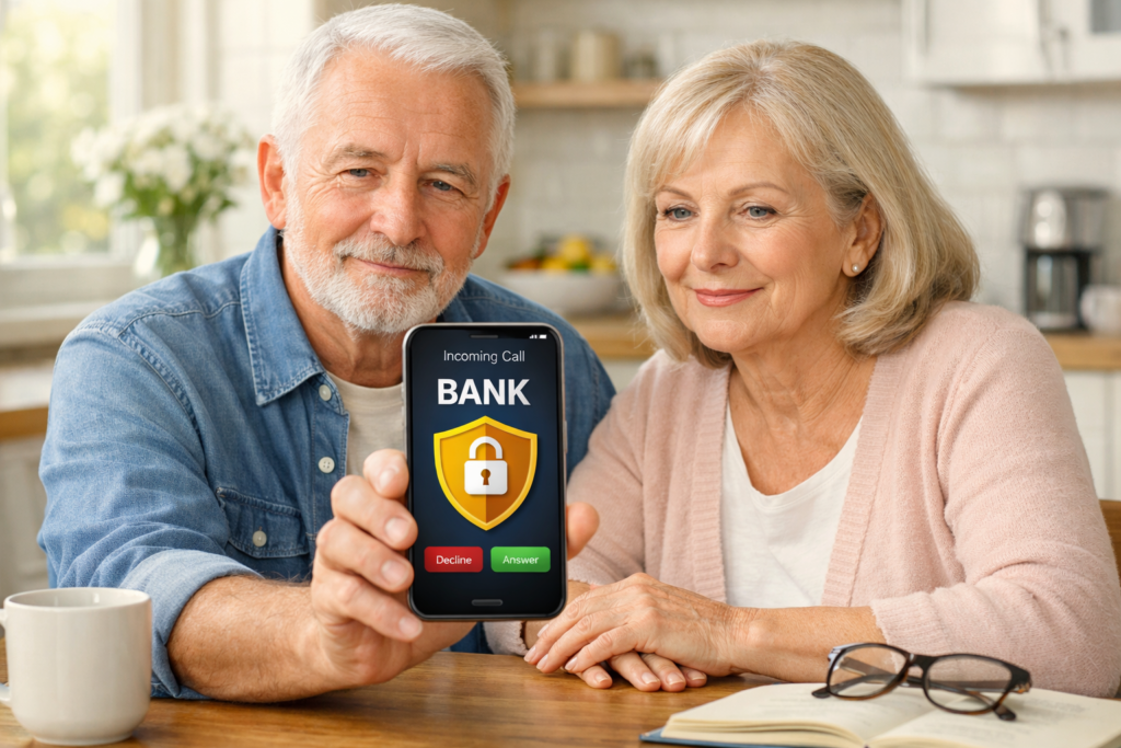 Senior couple safely handling a suspicious bank phone call with fraud protection icons