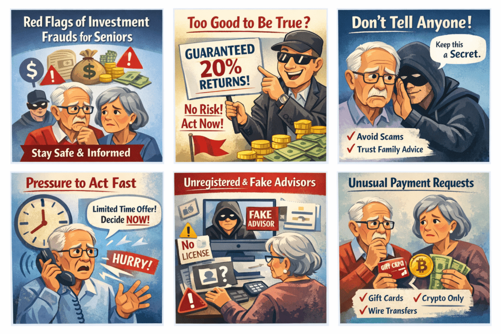 Red flags of investment frauds for seniors showing common scam warning signs