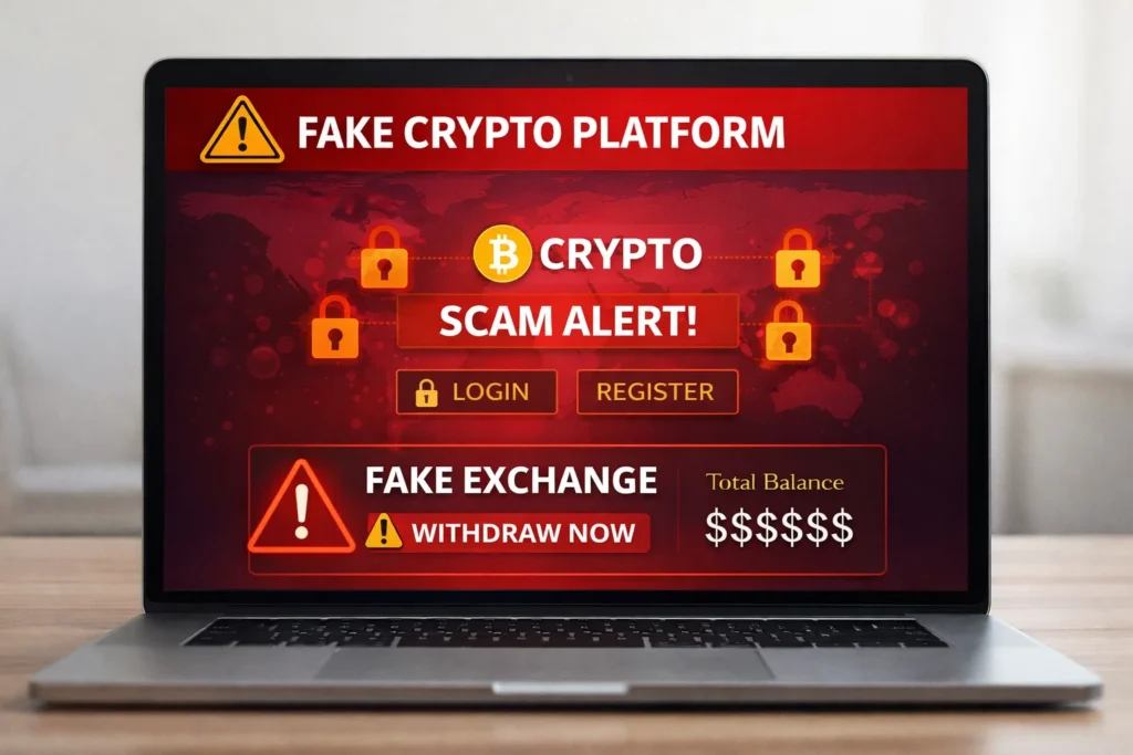 Crypto fraud platforms are fake websites, mobile apps, or digital services that pretend to be real cryptocurrency exchanges or investment platforms. Their only purpose is to steal money, login details, or personal information.