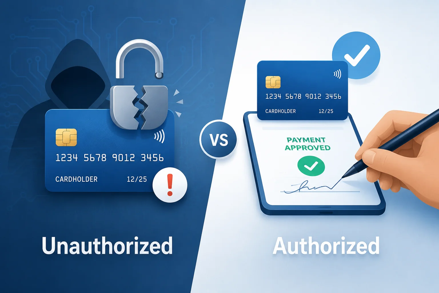 Graphic showing the difference between unauthorized and authorized bank transactions in scam cases
