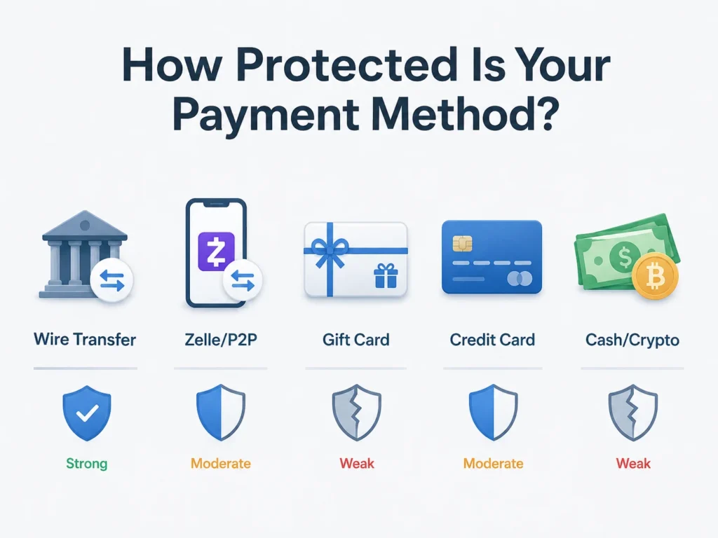 Infographic comparing legal protection levels for wire transfers, Zelle, gift cards, credit cards, and cash