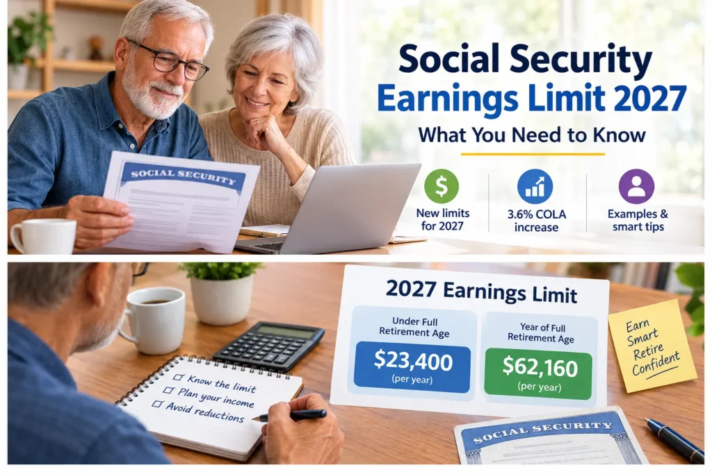 The Social Security earnings limit 2027 rises to $25,560 (under full retirement age) and $67,920 (year you reach it). See how work affects your benefits. Social Security earnings test 2027, how much can I earn and still collect Social Security, working while collecting Social Security before full retirement age, Social Security benefits withheld if I work, retirement earnings test exempt amounts, can I work and get Social Security at 62, 2027 Social Security changes